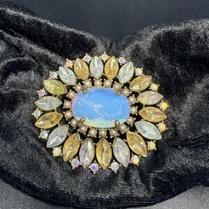 Vintage Mid Century Statement Brooch Opalescent Glass AB Rhinestone Signed NR